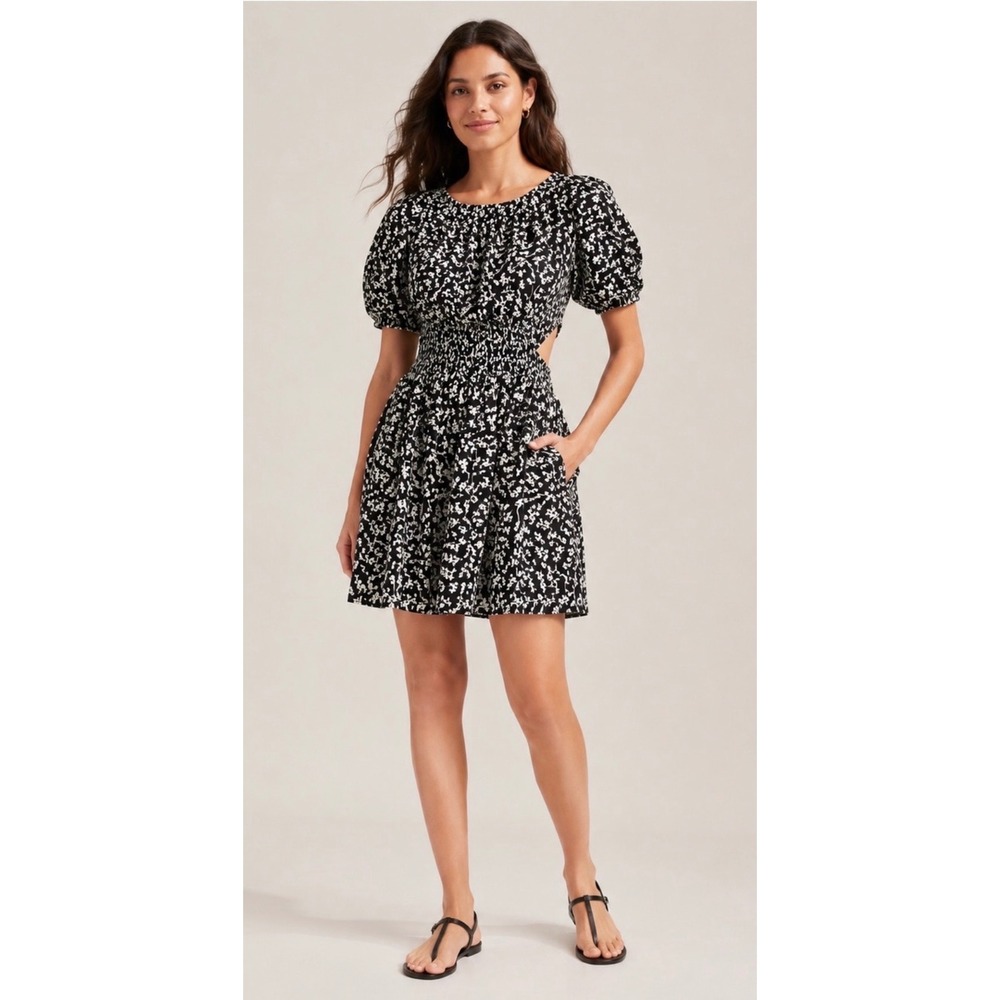 Old Navy Womens Black White Floral Smocked Cut Out Puff Sleeve Mini Dress Large